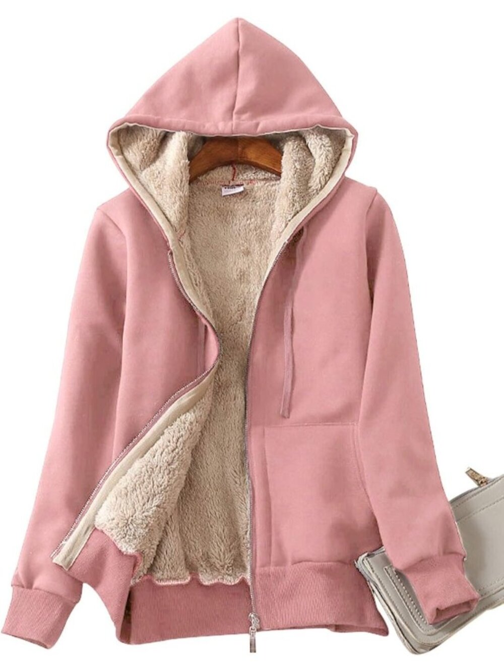 〽️Women's Pink Casual Full Zip Up Sherpa Lined Hoodie Sweatshirt Jacket Coat